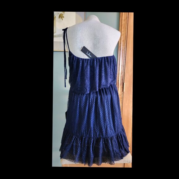 Lulu's Adorable Event Navy Blue Mesh One-Shoulder Swiss Dot Mini Dress - Picture 8 of 15